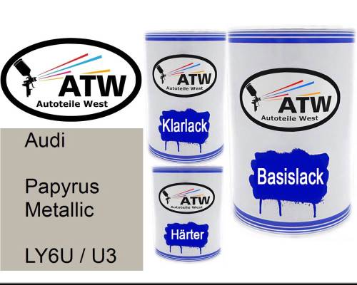 Audi, Papyrus Metallic, LY6U / U3: 500ml Lackdose + 500ml Klarlack + 250ml Härter - Set, von ATW Autoteile West.